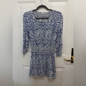 Rails Blue and White Printed Smocked-Waist Long Sleeve Dress
